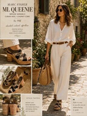 Sz 9M Marc Fisher "ML Queenie" Wedge Sandals Cuban Heel Chunky Cork